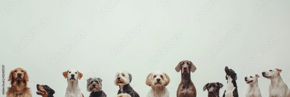 Poster Various breeds and sizes of dogs gather closely, creating a cheerful atmosphere with ample space for additional text or graphics. Generative AI