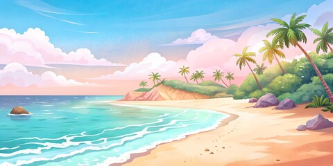 Serene beach landscape with gentle waves and palm trees under a colorful sky at sunset