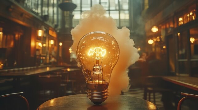 Concept of a light bulb rocket taking off with smoke behind symbolizing the spark of new ideas innovation and the exciting journey of learning and startup growth.