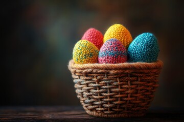 A woven basket filled with colorful, knitted Easter eggs, symbolizing spring and celebration.