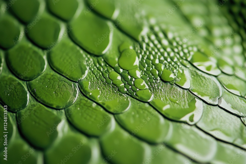 Poster Close-up of green snake skin texture with visible scales and water droplets, focusing on the intricate details of the scale patterns.