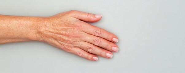 Fototapeta premium Close-up of a human hand against a plain background. Anti-aging and injection concept.