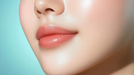 Obraz premium Glowing skin with soft, natural lips on a fresh background. Anti-aging and injection concept.