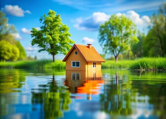 Obraz premium Candid Capture of a Miniature Orange House Partially Submerged in Water, Symbolizing Flood Preparedness and the Importance of Risk Management in Urban Settings