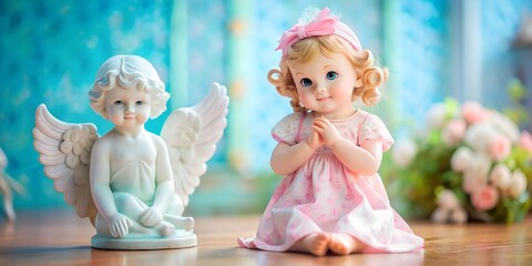 Fototapeta premium Charming doll in pink dress sits next to a delicate angel figurine in a serene indoor setting
