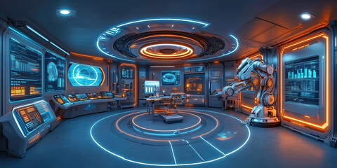  Futuristic laboratory interior with advanced technology, robotic arm, and glowing displays, science fiction concept