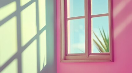 Fototapeta premium Pastel pink and green room with window, sunlight, and plant shadow.