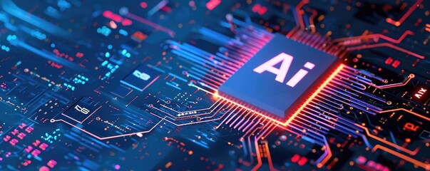 AI logo on a chip, with light glowing against a dark.