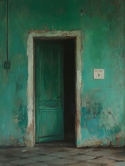 A weathered green door in an old wall.