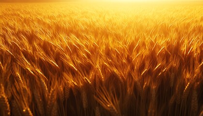 A golden field of wheat stretching to the horizon, glowing in the light of the setting sun, symbolizing the harvest season