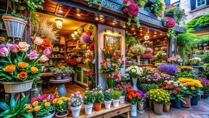Fototapeta premium Candid Photography of a Beautiful Flower Logo Shop Displaying a Vibrant Array of Fresh Flowers and Unique Arrangements for a Colorful and Inviting Shopping Experience
