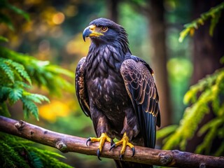 Candid Photography of a Black-Feathered Eagle with a Sharp Gaze Capturing Its Frightening Intensity Against a Natural Background in an Unforgettable Moment of Nature's Majesty