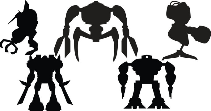 Robots silhouette in white background, Scientific robots set,Robots and droids silhouettes, black vector cyborgs,Artificial intelligence androids and humanoids with arms, legs