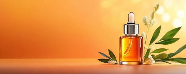 Aesthetic beauty oil bottle with leaves and warm background.