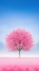 A vibrant pink tree against a serene blue sky.