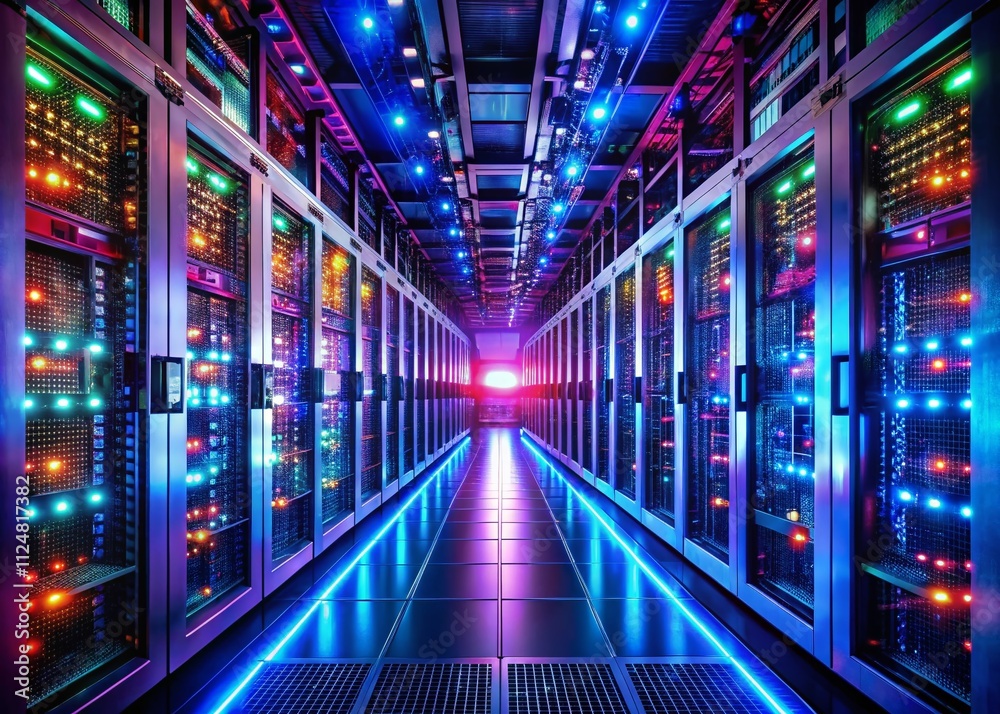 Poster candid photography of a modern data center showcasing advanced generative ai servers and high-tech i