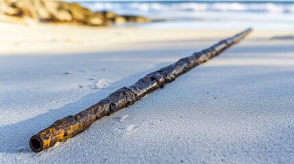 Ancient harpoon resting on sandy beach, partially buried with weathered wooden handle and rusted metal tip, evoking historical maritime heritage and archaeological significance