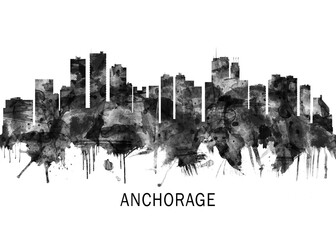 Fototapeta premium Anchorage Alaska skyline BW ,city landscape banner district business print painting watercolor