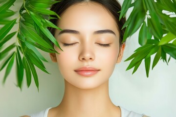 Fototapeta premium Serene woman surrounded by green leaves with closed eyes.