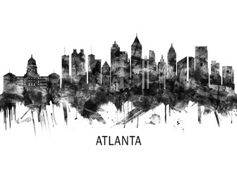 Naklejka premium Atlanta Georgia Skyline BW ,city landscape banner district business print painting watercolor