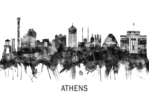 Athens Greece Skyline BW ,city landscape banner district business print painting watercolor