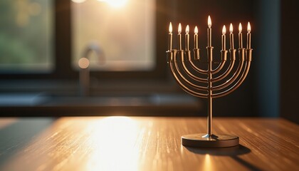 Fototapeta premium Modern Menorah Displayed Elegantly on a Stylish Wooden Tabletop.