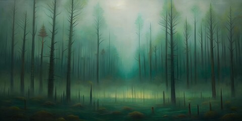 Obraz premium Surreal depiction of a misty forest landscape with tall trees and ethereal light at dusk