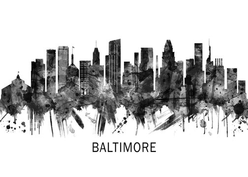 Baltimore Maryland Skyline BW ,city landscape banner district business print painting watercolor