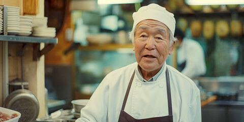 Elderly Asian male chef in traditional kitchen with culinary expertise
