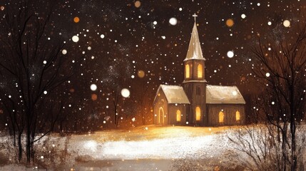 Fototapeta premium Snowy night scene with a church glowing warmly.