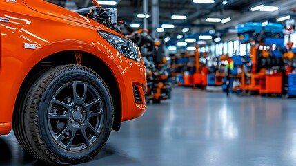 Mechanics repair engine restoration. A bright orange car parked in a modern workshop filled with tools and equipment, showcasing a blend of automotive design and industrial aesthetics.