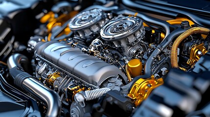 Fototapeta premium Mechanics repair engine restoration. A close-up view of a detailed engine showcasing metallic components and intricate designs, highlighting engineering precision and automotive technology.