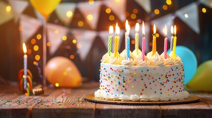 A birthday cake with glowing candles surrounded by cheerful decorations and a festive banner