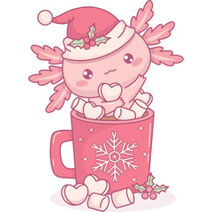 Christmas Axolotl in red cup Hot Cocoa with Marshmallows
