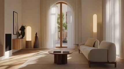 Fototapeta premium Sunlit minimalist living room with arched window, beige sofa, wooden coffee table, and natural light.