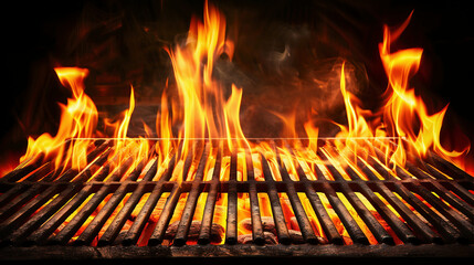 Hot empty portable barbecue BBQ grill with flaming fire and ember charcoal on black background. Waiting for the placement of your food.