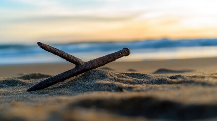 Ancient harpoon resting on sandy beach, partially buried with weathered wooden handle and rusted metal tip, evoking historical maritime heritage and archaeological significance