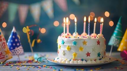 A birthday cake with glowing candles surrounded by cheerful decorations and a festive banner