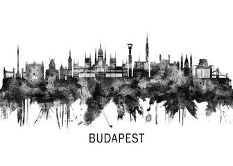 Naklejka premium Budapest Hungary Skyline BW ,city landscape banner district business print painting watercolor