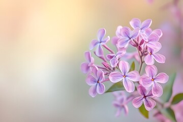 Soft and dreamy image of delicate lilac flowers blooming on a blurred beige background, creating a serene and romantic atmosphere