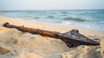 Ancient harpoon resting on sandy beach, partially buried with weathered wooden handle and rusted metal tip, evoking historical maritime heritage and archaeological significance