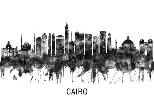 Cairo Egypt Skyline BW ,city landscape banner district business print painting watercolor
