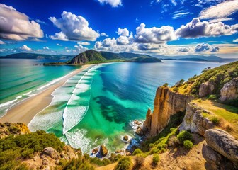 Obraz premium Candid Photography of Bruny Island's Dramatic Coastal Cliffs and Pristine Beaches Showcasing Tasmania's Natural Beauty and Scenic Landscapes in Australia