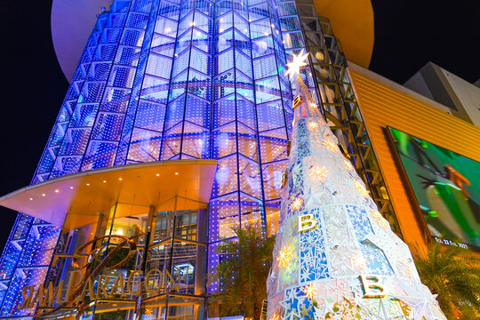 Large Christmas tree is decorated Bvlgari and placed in front of Siam Paragon shopping mall, a famous shopping mall in the heart of Bangkok. Thailand, 23 December 2023