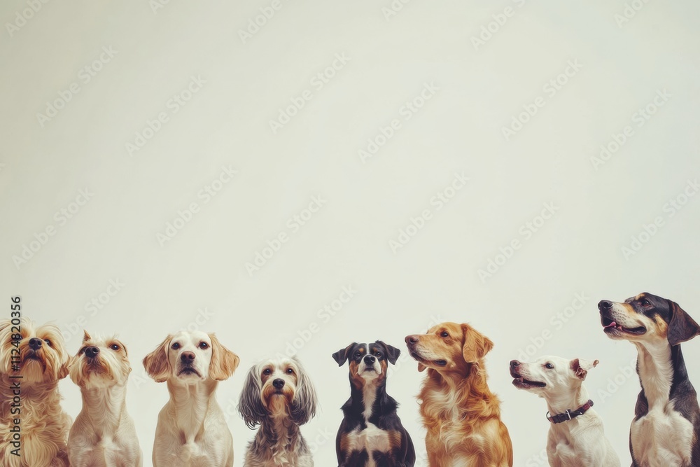 Poster dogs of different breeds and sizes are sitting together in a friendly manner, showcasing their uniqu