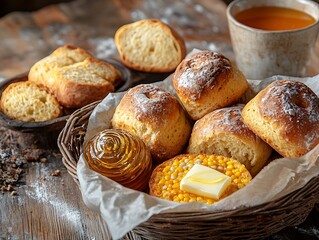 A warm basket of freshly baked bread rolls and cornbread, served with butter and honey on a rustic wooden table