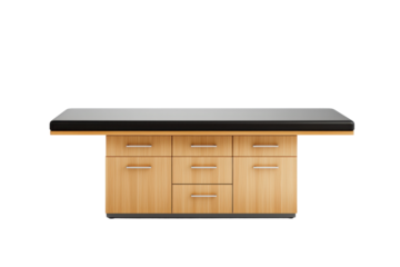 A modern wooden table with a sleek black top and multiple storage drawers.