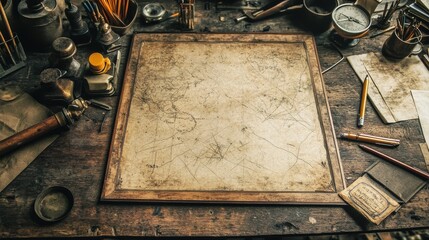 Antique map on a cluttered wooden desk with vintage tools and stationery.