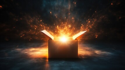 Brilliant light bursts from within a cardboard box.