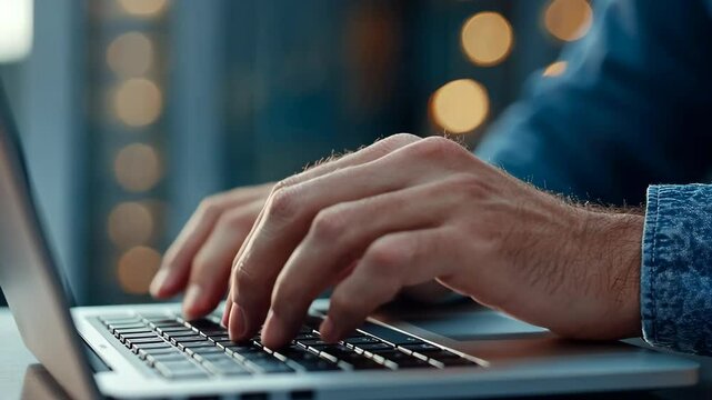 Programmer writing code on laptop keyboard in office at night